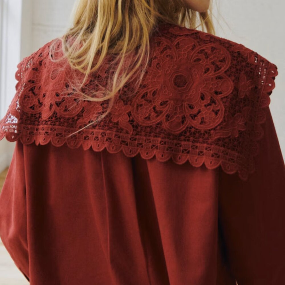 Sézane x Sea NY NWT Astrid Shirt in Burgundy Embroidery Size 38/US 6 - Picture 2 of 7